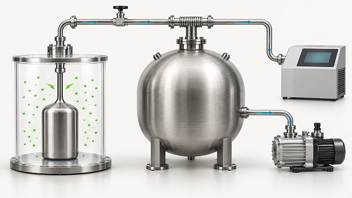 A vacuum reservoir and staged evacuation for narrow-neck vessels